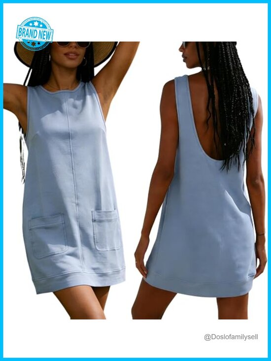 Dresses & Skirts - Sleeveless Backless Mini Dress with Pockets Cotton Spandex